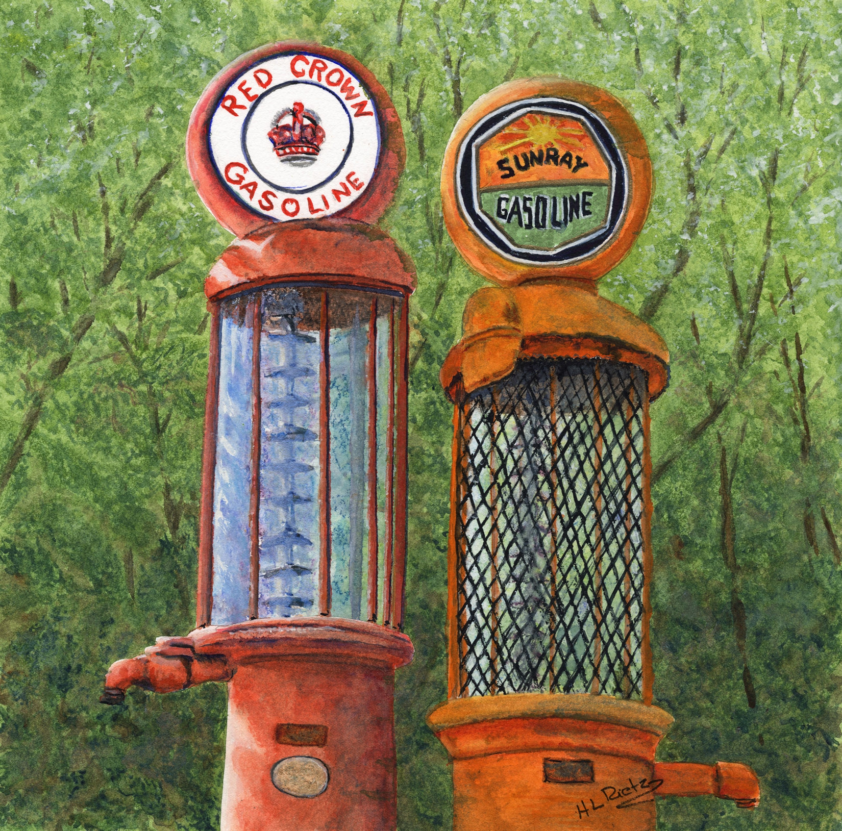 Vintage Gas Pumps: Two Crowned Heads by Helen L. Rietz, Old Wheels, 12 x  12