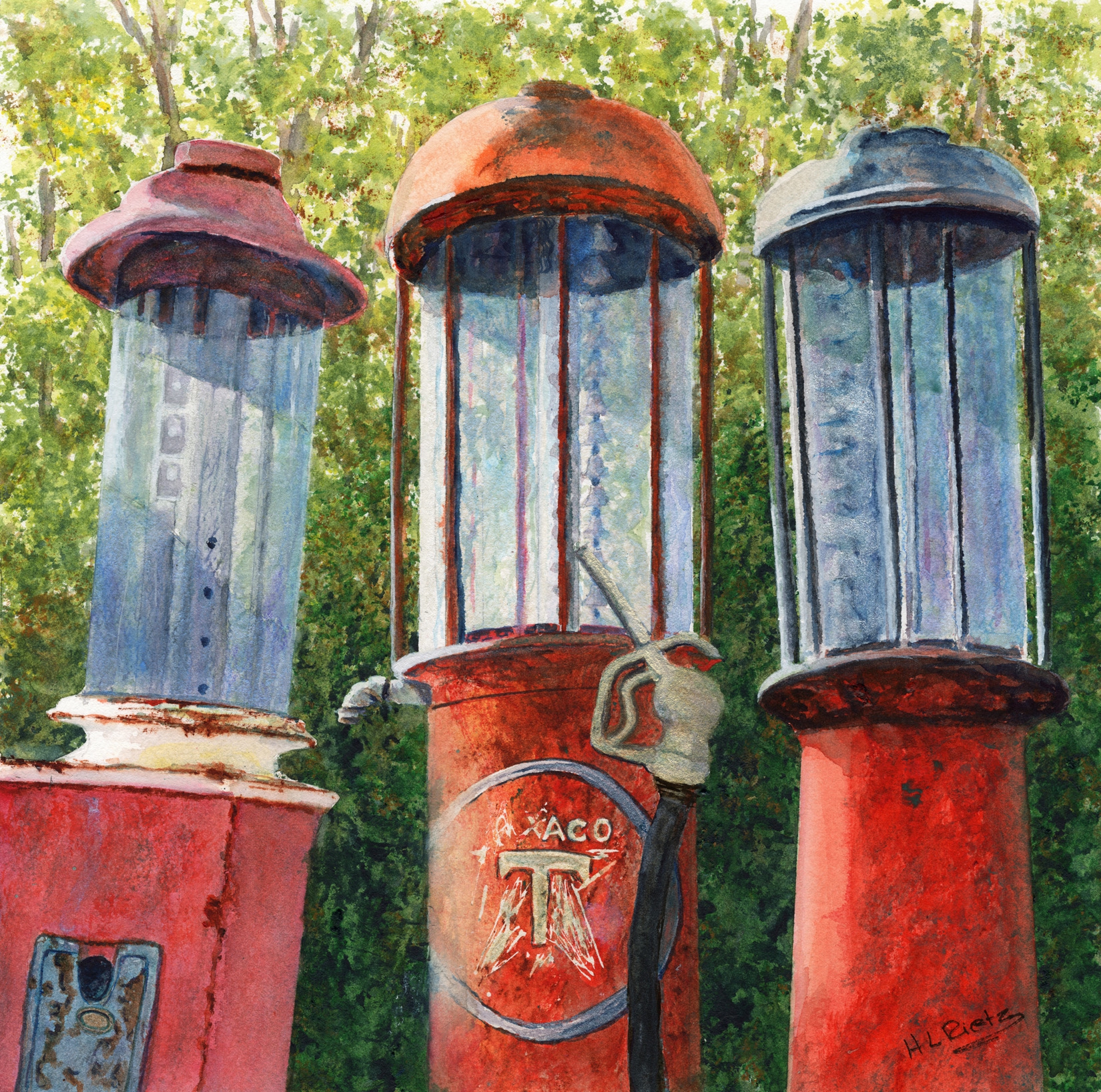 Vintage Gas Pumps: Three Amigos by Helen L. Rietz, Old Wheels, 12 x 12